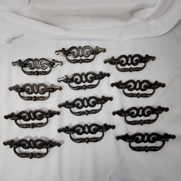 VTG 12 Brass French Pulls Dangling Handle Replacement Hardware Ornate 7" Wide - Picture 10 of 12